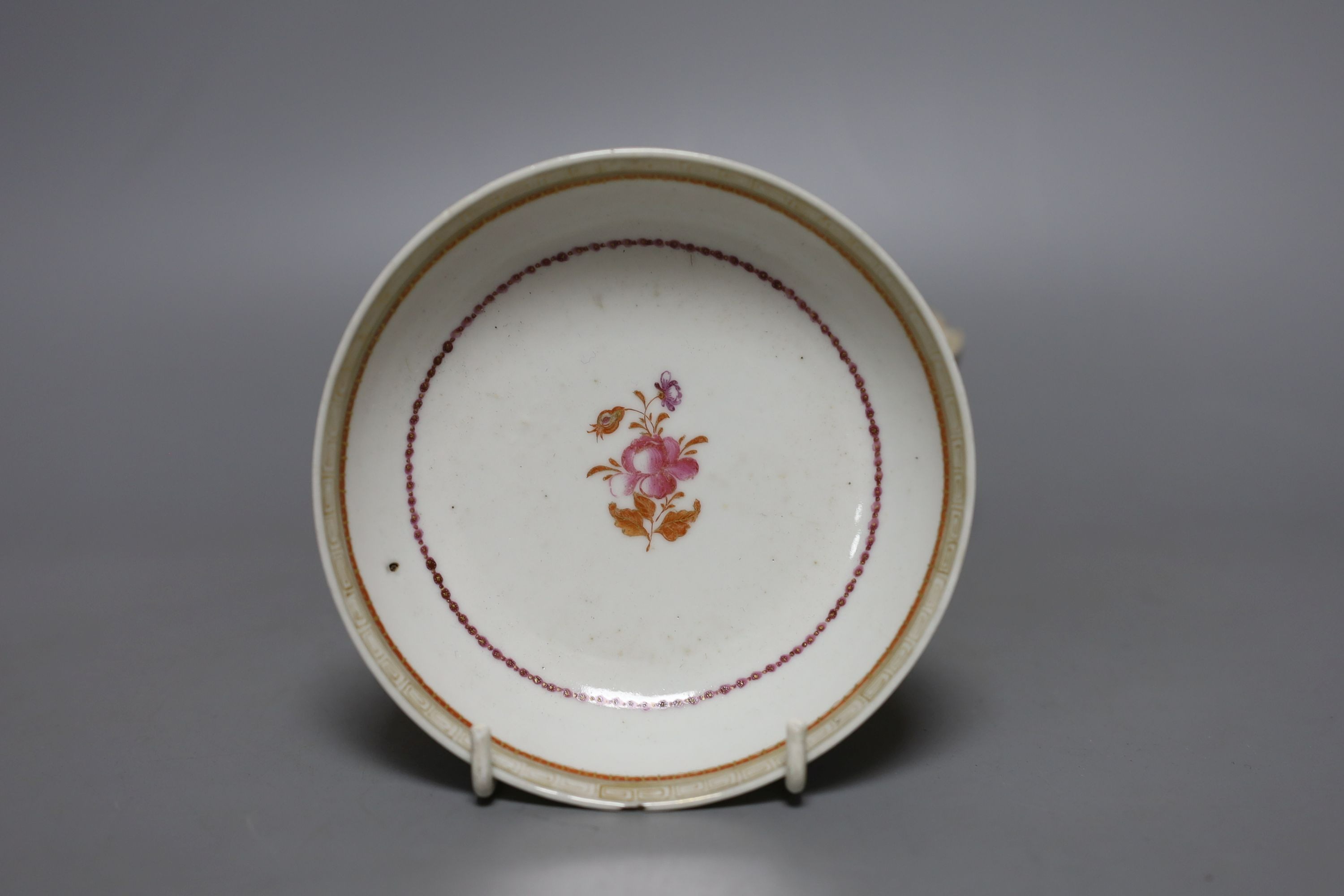 An 18th century Chinese export saucer dish, crackle glaze vase and a Qingbai bowl, diameter 15cm